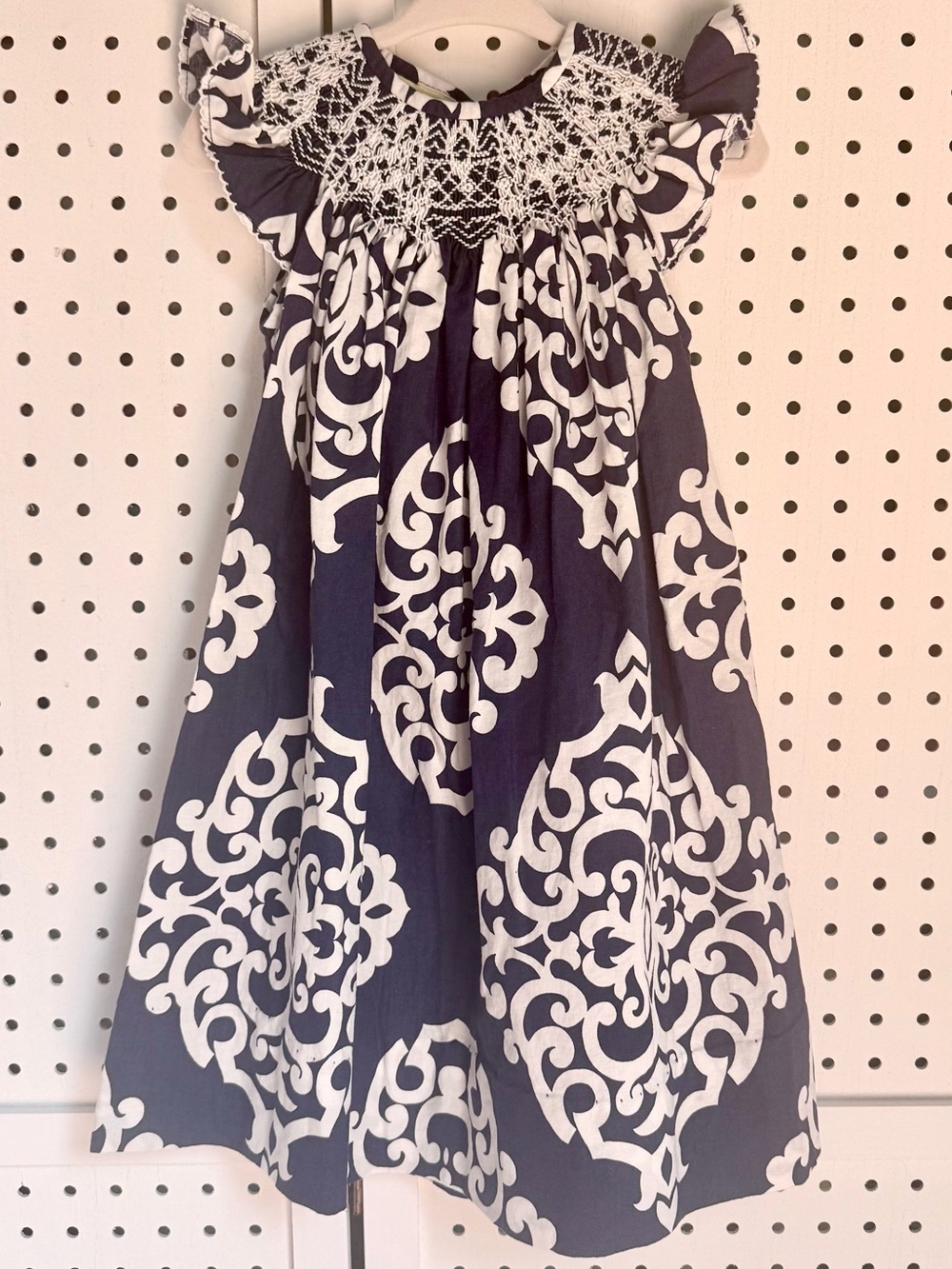 Le' Za Me Navy Blue White Damask Handsmocked Flutter Sleeve Bishop Dress 24M